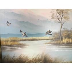schilderij van neerstrijkende eenden 60x40cm