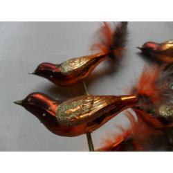 kerstballen glazen vogeltjes op knijper, 5 grote 2 kleine