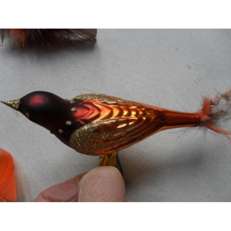 kerstballen glazen vogeltjes op knijper, 5 grote 2 kleine