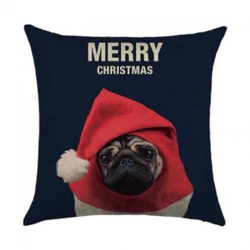 Mopshond kerstmuts merry christmas zwart kussenhoes nieuw
